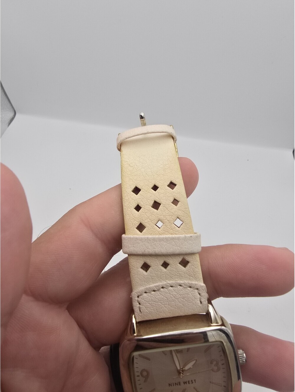 Nine West NW/1080 Gold Tone Tonneau Cream Perforated Leather Analog Quartz Watch - Picture 4 of 9